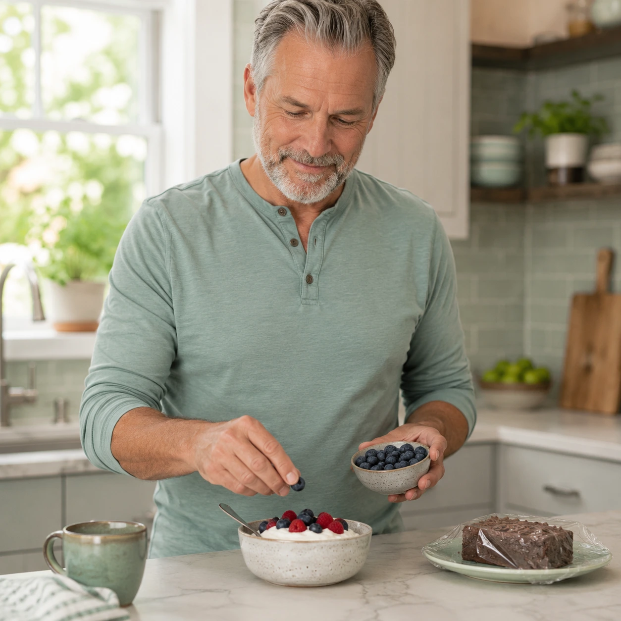 Man choosing berries over processed dessert